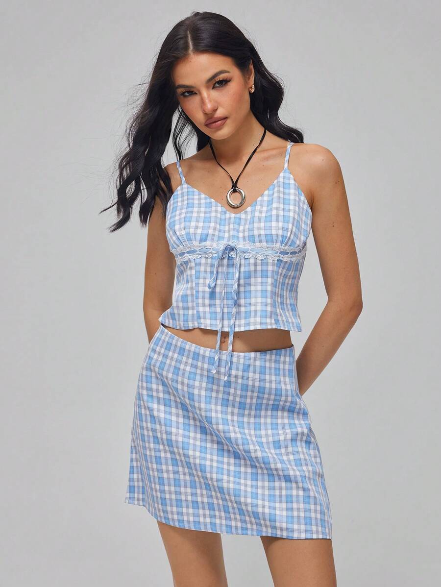Roylia 女式两件套，编织格子面料，格子图案，多色，合身，深 V 领，细肩带，自系带，正面蝴蝶结，蕾丝花边，胸前荷叶边，收腰，低腰，A 字型，节日，度假，优雅，性感，青少年休闲，通勤，别致，浪漫，可爱，春夏女式短款上衣和低腰迷你裙两件套 - 藍白色 - 查看 1