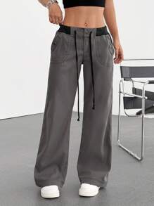 SHEIN EZwear Women's Casual Dark Gray Drawstring Waist Straight Leg Pants - Dark Grey - View 4