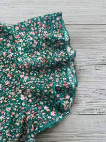 SHEIN LUNE Women's Casual Black Ditsy Floral Stand Collar Double Layer Bell Sleeve Short Sleeve Blouse, Spring/Summer - Green - View 5