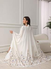 SHEIN Najma 2 件女士优雅花卉印花宽松开衫和露背连衣裙套装，适合休闲社交聚会，端庄 - 白色 - 查看 3
