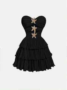 SHEIN MOD 无肩带镂空前星金属装饰多层裙装 - 黑色 - 查看 1