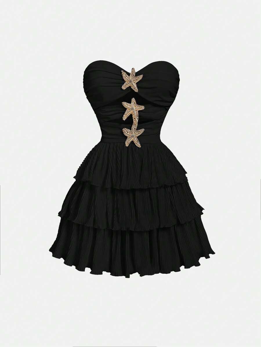 SHEIN MOD 无肩带镂空前星金属装饰多层裙装 - 黑色 - 查看 1