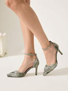 CUCCOO CHICEST Green Stiletto High Heel Sexy Lace Net Versatile Ankle Strap Pointed Toe Hollow-Out High Heel Pumps For Women For Christmas - Green - View 11