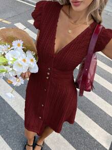 SHEIN Frenchy 女式纯色V领短袖夏装 - 酒紅色 - 查看 6