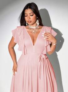 Viva Relle 大码女式优雅浪漫系带深 V 领荷叶边袖 A 字形雪纺连衣裙 - 粉色 - 查看 5