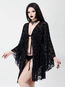 Bloopia Kimono de mujer para verano y vacaciones, de tela transparente y suelta con estampado de murciélago, para cubrir, Halloween - Negro - Ver 3