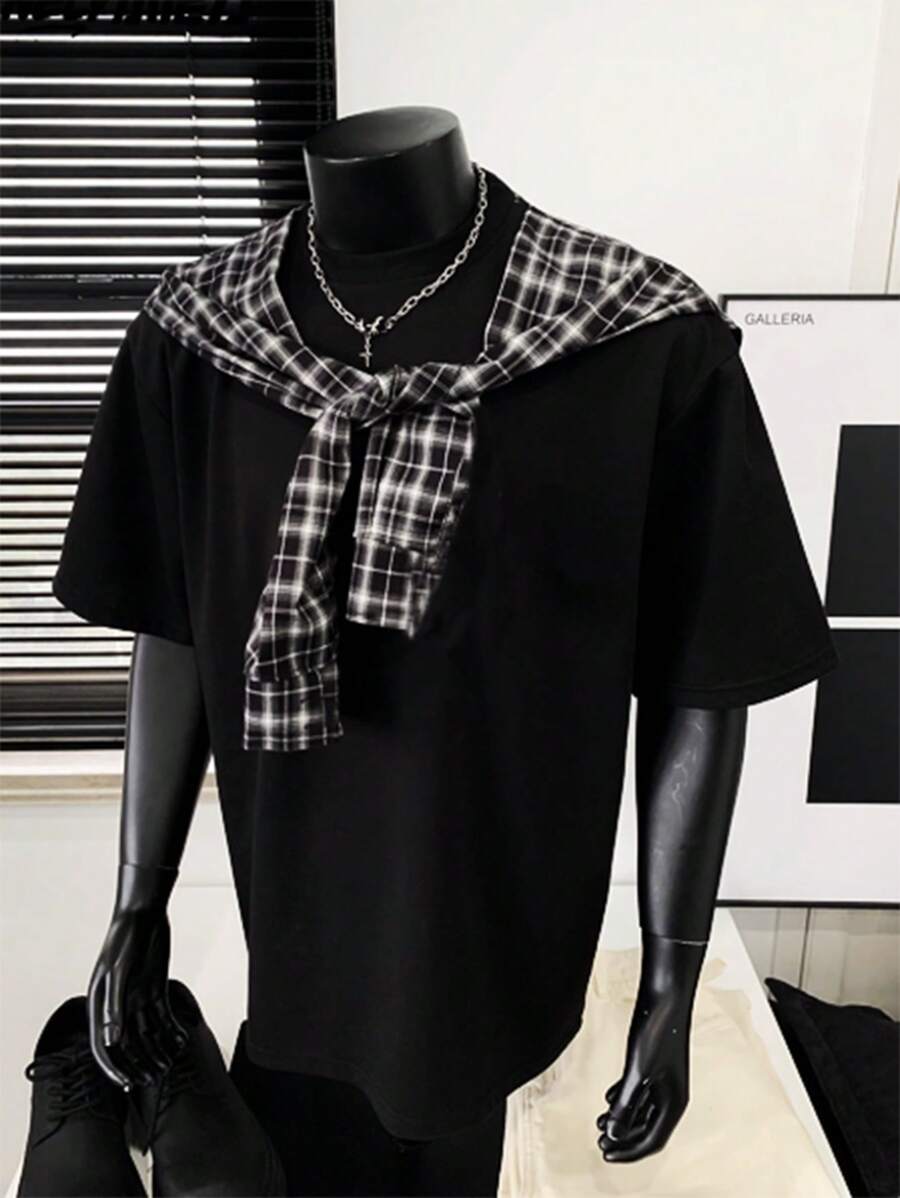 SHEIN 青少年男孩格子拼布短袖 T 恤,休闲,校园,舒适,时尚,百搭,柔软,适合日常穿着,上学,旅行,运动,滑板,海滩度假 - 黑色 - 查看 1
