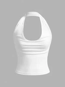 SHEIN EZwear 1 件夏季针织白色女式紧身百搭短款上衣 - 白色 - 查看 6