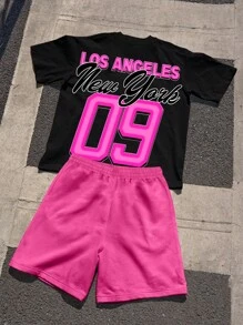 PAVTROS 2 件套男士休闲字母图案圆领短袖 T 恤和短裤套装，夏季 - 彩色 - 查看 2