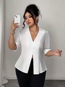 Elenzga Plus Size Soft Woven Fabric V-Neck Lapel Cardigan, Fitted Waist A-Line Hem, 3/4 Sleeves Cuff Turnup, Casual Commuter Shirt - White - View 4