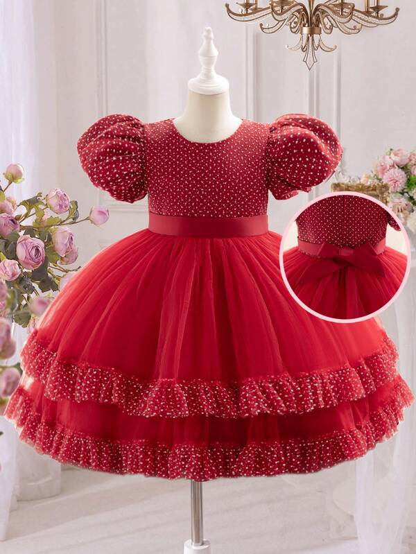 SHEIN Tween Girl Elegant Minimalist Round Neck Puff Sleeve Waist-Cinched A-Line Princess Dress Formal Gown