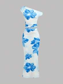 Girlism Teengirl 2 Pieces Set: Blue Casual Floral Pattern Asymmetrical Ruched Snug Fit Mini Skirt, Suitable For Summer, Vacation Outfits Young Girls Sets Summer Outfits 15 16