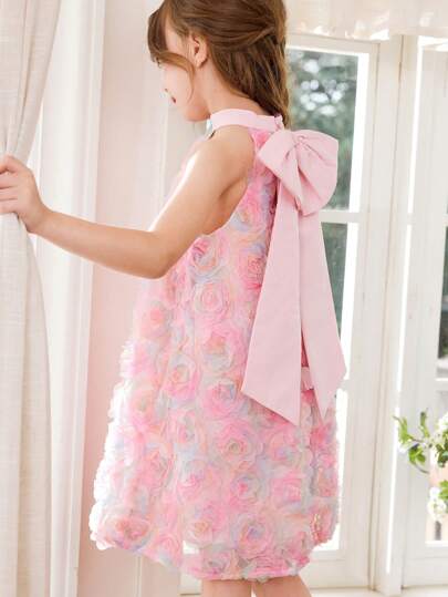 Cute And Elegant Floral Mesh Pink Dress For Young Girls