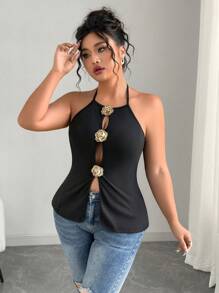 SHEIN CURVE+ Correa de sujección para mujer talla grande de estilo francés casual de vacaciones de verano con tirantes de espagueti, metal hueco y flor de camelia anudada