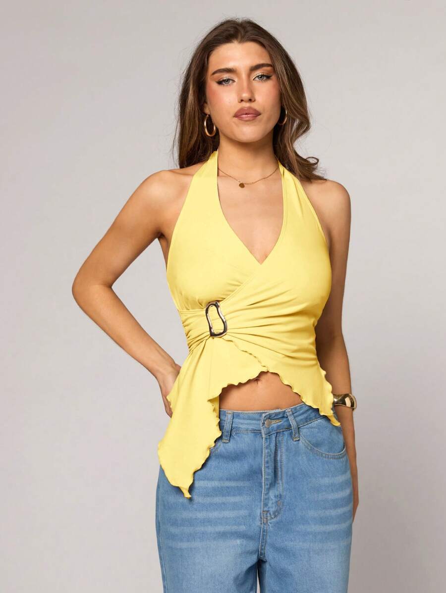 SHEIN BAE Women's Brown Irregular Hem Metal Buckle Decorated Sexy Women's Vest Is Suitable For Daily Outings, Commuting And Leisure, Afternoon Tea Parties,Summer Tops,Country Concert Outfit