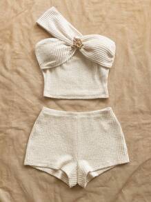 Soleia 海岛度假服装 女士夏季服装 图案T恤 女士狂欢服装 白色度假两件套 露肩上衣 女士两件套日常服装 - 白色 - 查看 3