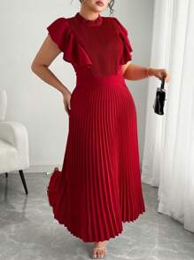 Elenzga فستان نسائي كبير الحجم بلون واحد، رقبة دائرية ، مطوي، متموج من الأكمام القصيرة، رومانسي، أنيق لارتداء اليومي، مناسب للصيف، للشاطئ/المكتب/الكاجوال/العمل/حفلات الشاي بالظهيرة