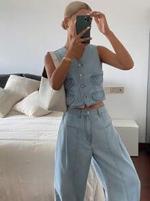 Livesso Women Denim Two Pieces Outfits - Blue - View 3