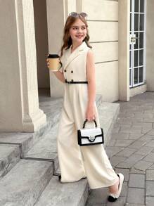 SHEIN Lässiger, gewebter, einfarbiger, ärmelloser Jumpsuit mit Revers für Tween Mädchen