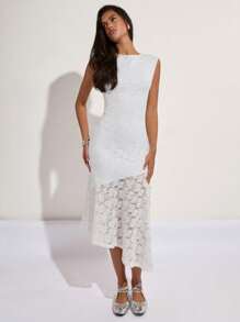 COSMINA Women's Elegant Solid Color Lace Patchwork Round Neck Sleeveless Midi Dress - Cream - View 2