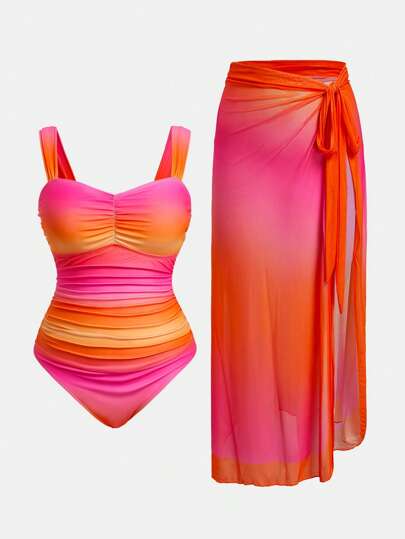 Swim Oasis Conjunto de 2 piezas de traje de baño de una pieza acampanado y degradado en talla grande para mujer