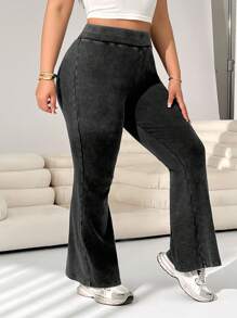 SHEIN EZwear Plus Size Black Acid-Washed Casual Wide Leg Pants - Black - View 1