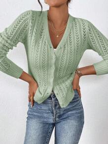 SHEIN Frenchy Áo len cardigan dệt kim khoét lỗ màu trơn thường ngày cho nữ - màu xanh lá - Xem 6