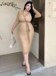 Dazy Plus Plus Size Textured Fabric V-Neck Bodycon Tie-Waist Split Midi Cocktail Dress,Fall Dress Long Sleeve Dress - Khaki - View 6