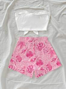 Soleia Bộ đồ đi nghỉ giản dị in hình vỏ sò thủ công phong cách biển màu hồng, thích hợp cho mùa hè và bãi biển, dành cho nữ - Nhiều màu - Xem 2