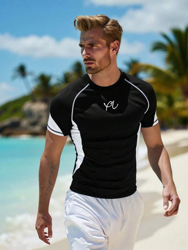 Manfinity Swimmode Herren Urlaubs-Strand Farbblock Patchwork Kurzarm Surf-T-Shirt, Hawaii-Design