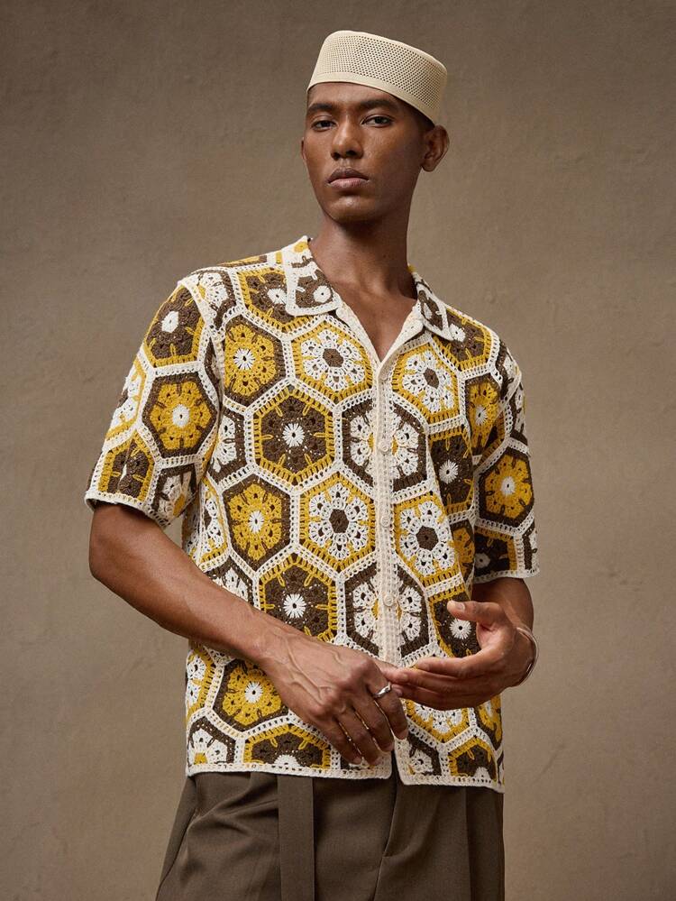 Men's Knitted Crochet Fashion Casual Slim Fit Turndown Collar Short Sleeve Cardigan Sweater, Suitable For Daily, Commute, Summer, Vacation, Party, Couples, Boyfriend Gift, Beachwear, Father's Day Gift