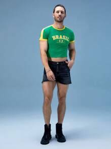 Camiseta de cuello redondo con bloqueo de color e impresión de letras para hombre, ideal para el verano y la escuela - Verde - Ver 5