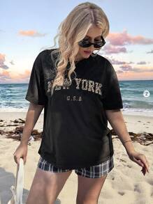 Veykashi 休闲时尚纽约豹纹圆领短袖修身大码女式 T 恤，适合夏季