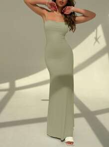 Aloruh 女式白色露背系带紧身垂坠领连衣裙 - 橄欖綠 - 查看 4