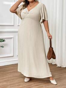 SHEIN CURVE+ Plus Size Casual Elegant V-Neck Cinched Waist A-Line Long Dress, Suitable For Holiday Graduation Dress/ Graduation Dresses For Women/ White Graduation Dress/ Graduation Outfit.,Summer Outfits For Womenbeach Outfits For Woman/Beach Dress/Beach Vacation Outfits/Beach Essentials / Graduation/Tea Party Dresssummer/Country/Beach Vacation Outfits/Beach Outfits/Beach Wear