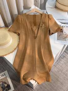 Franclia Đầm bodycon ngắn tay bồng họa tiết hoa thanh lịch dành cho nữ - Màu Khaki - Xem 8