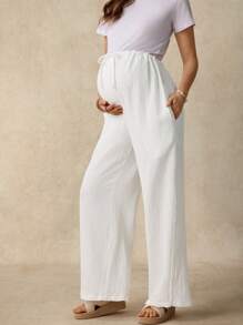 SHEIN Schwangere Frauen unifarbene Hose mit Tasche und Twist Taille, gerade Beinform, Lässig