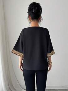 Chiquease Women's Elegant Batwing Sleeve Blouse, Loose Design, Golden Decorative Ribbon, Middle Eastern Style Latest Spring/Summer Fashion - Black - View 2