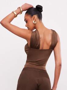 Hauture Women Halter Neck Ruched Brown Crop Top With Gold Ornament - Brown - View 2