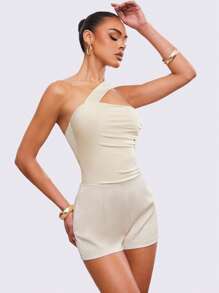 Hauture Summer Office Solid Asymmetrical One Shoulder Ruched Bodysuit