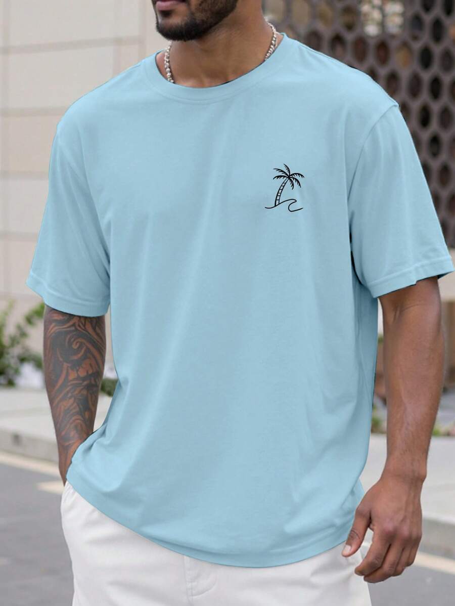 Manfinity Homme Plus Size Men's Solid Color Round Neck Short Sleeve Fashion Tee, Suitable For Summer - Blue - View 1