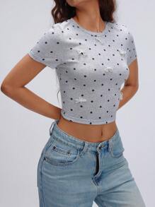 SHEIN Unity 女士波尔卡圆点印花休闲圆领短袖T恤，夏季 - 灰色 - 查看 4