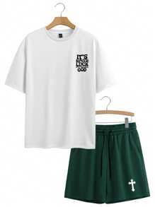 Manfinity Homme Men's Slogan Print Round Neck Short Sleeve Casual T-Shirt And Drawstring Waist Shorts Set - White - View 2