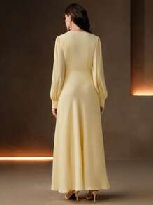 Anewsta 女士优雅V领褶皱腰褶连衣裙，女士生日礼服，婚礼宾客礼服 - 黃色 - 查看 7