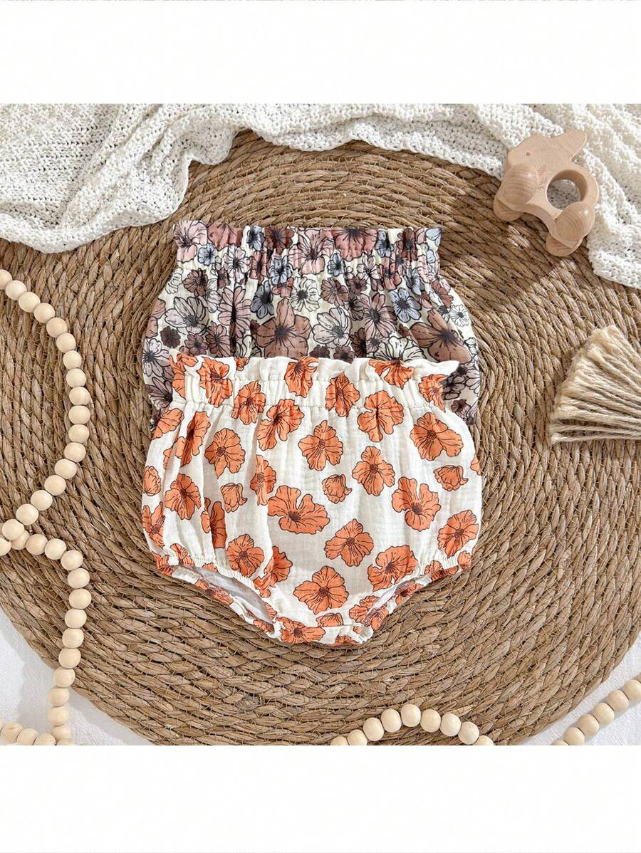 Loomiva 2pcs Baby Girl Floral Print Elastic Waist Casual Shorts Set