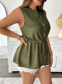 Celure Damen Bluse in Großen Größen, Frühling/Sommer Französischer Chic Eleganter Pendler Business Lässig Urlaub Einfarbig mit Stehkragen, Kordelzug in der Taille, A-Linie, offene Vorderseite mit Metalltasten, dekorative Fake-Taschen, ärmellosl