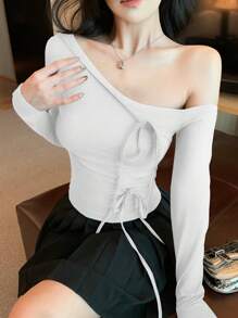 DAZY Women's Oblique Shoulder Tie Strap Long Sleeve T-Shirt, Minimalist & Fashionable, Suitable For Summer