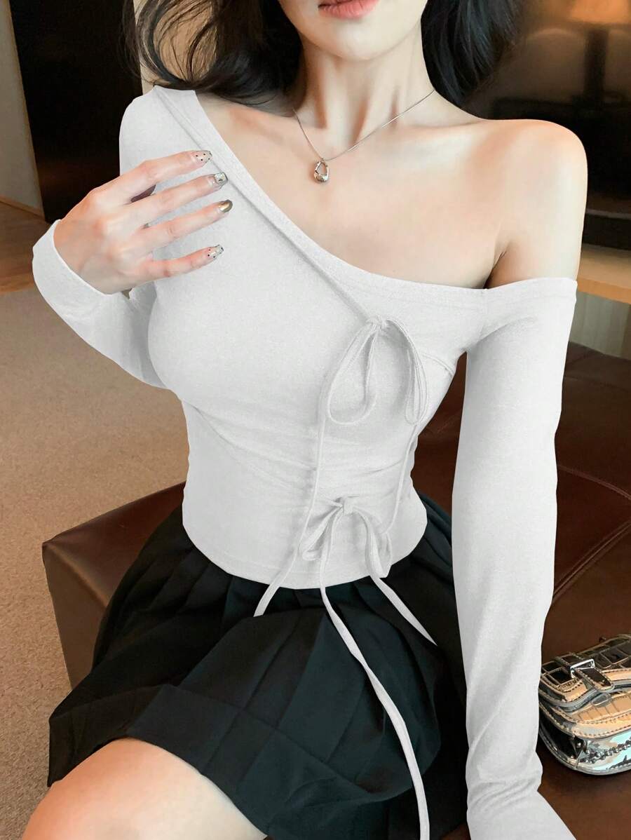 DAZY Women's Oblique Shoulder Tie Strap Long Sleeve T-Shirt, Minimalist & Fashionable, Suitable For Summer