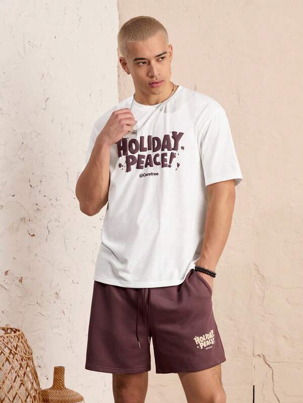 Manfinity Unisex 2pcs/Set Men's Loose Fit Crew Neck Short Sleeve Printed T-Shirt & Elastic Waist Shorts Set