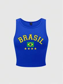 Flirla Women's Y2K Brazil Flag 'BRASIL' Printed Tank Top Graphic Tees Women Tops - Blue - View 3